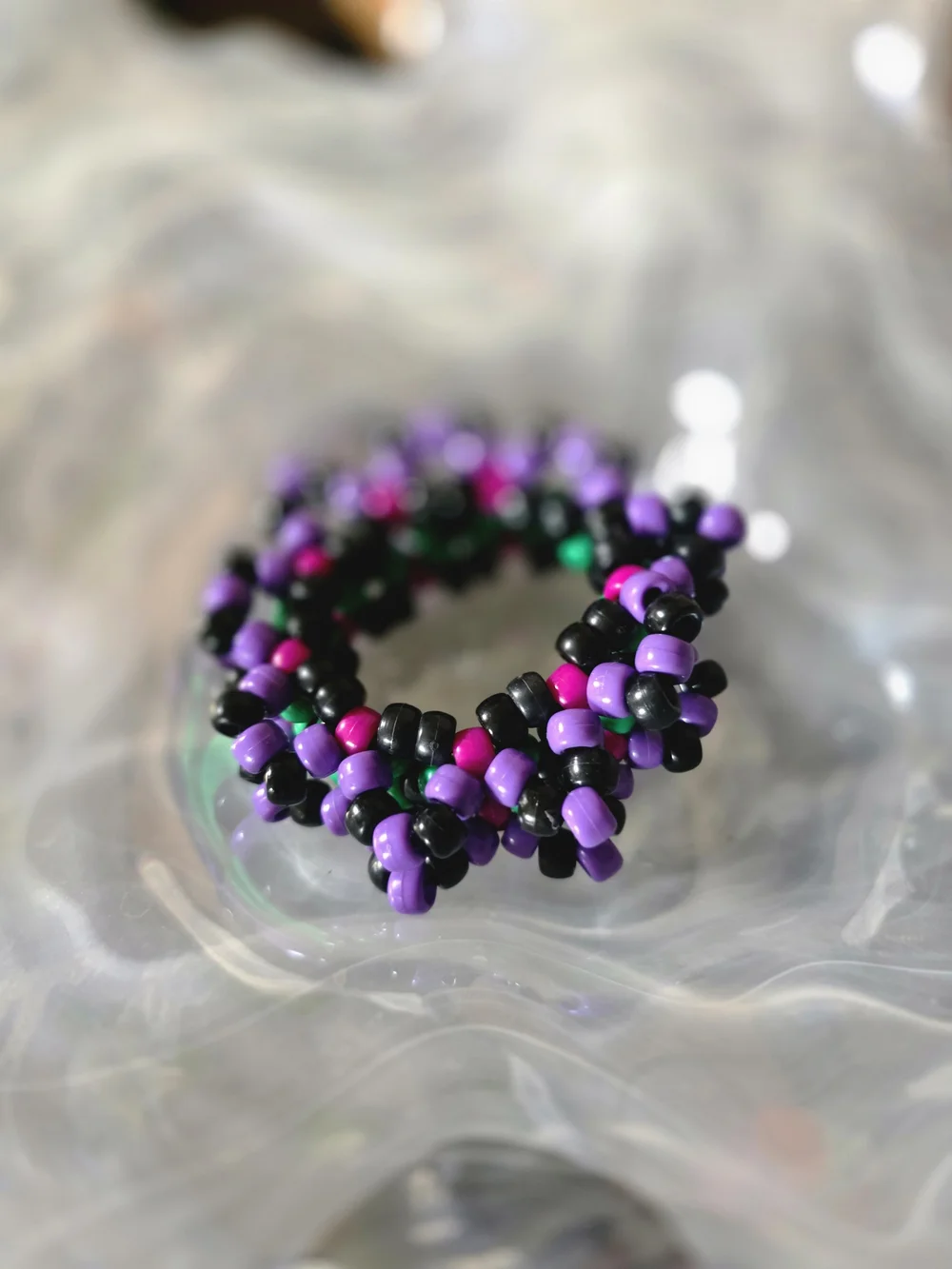 Handmade Purple, Green & Black Beaded Stretch Bracelet